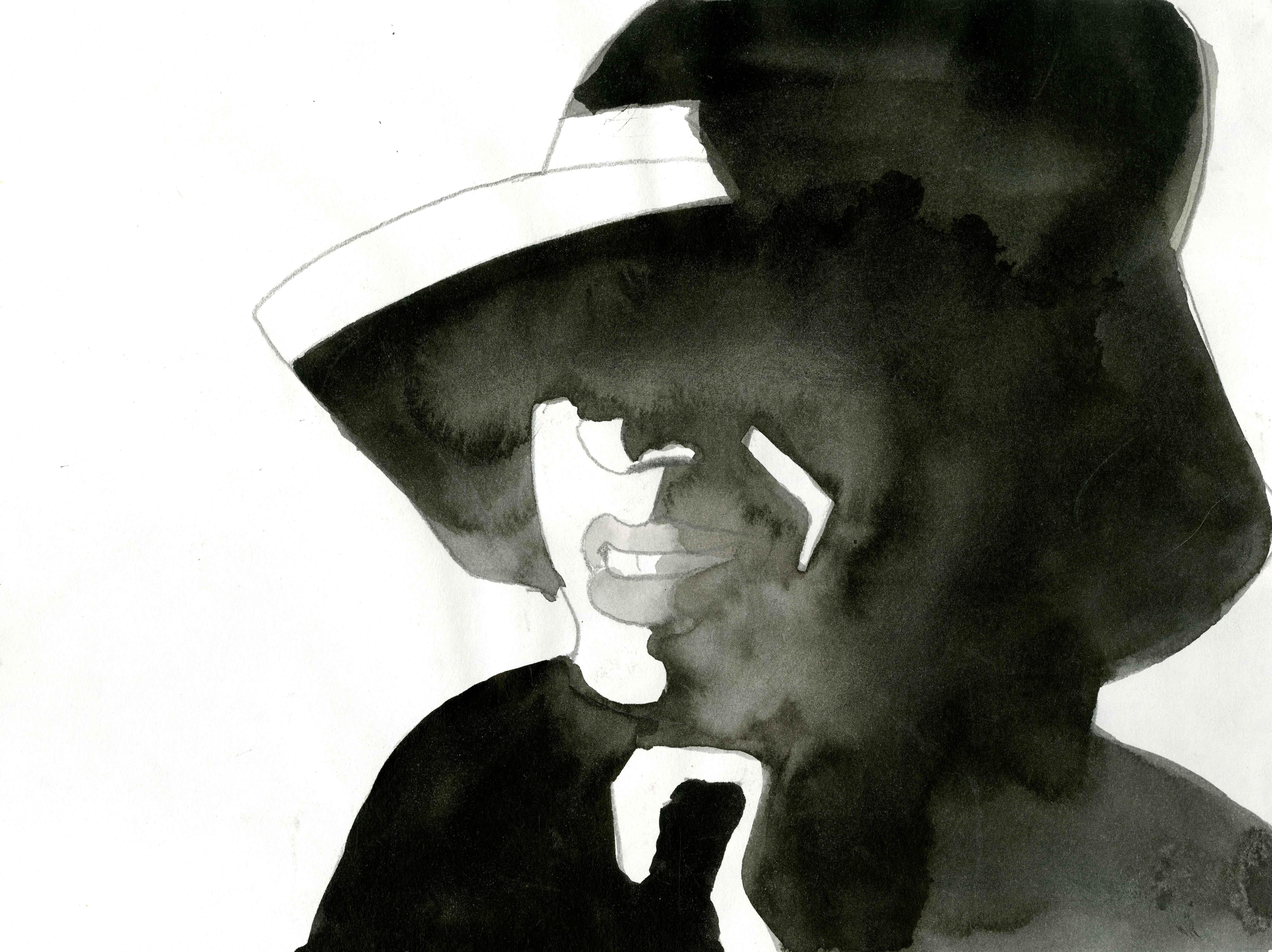 pen and ink drawing of woman wearing a hat